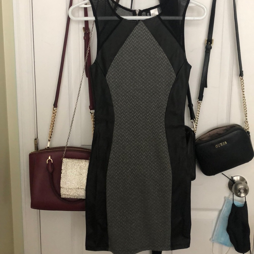 Grey and black leather detailing mini dress